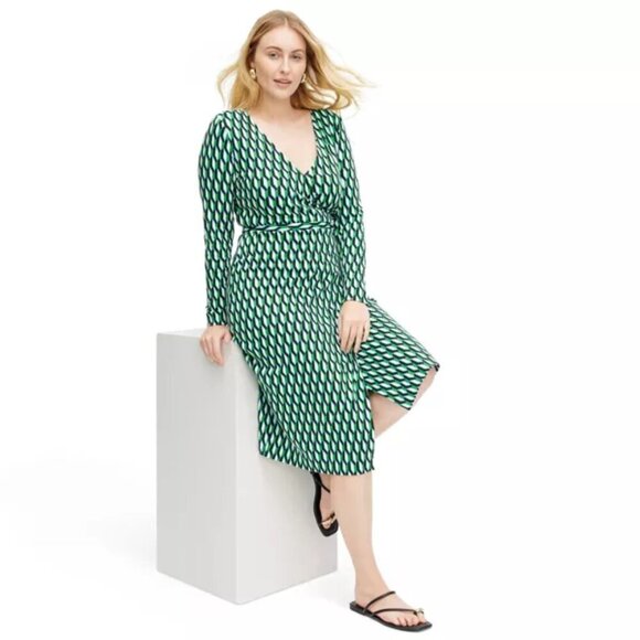 💕DVF x TARGET💕 Long Sleeve Midi Arrow Geo Green Wrap Dress XL - Picture 1 of 15